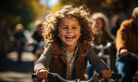A young girl happily rides a bicycle, displaying a joyful smile on her face.の素材