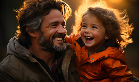 A man carefully holds a little girl in his arms as they share a tender moment together.の素材