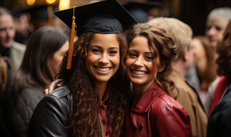 Two women in black graduation caps and gowns posing for a picture together, smiling.の素材