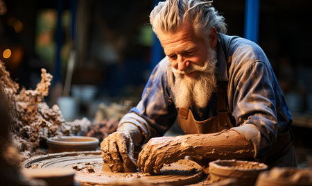 An older man with white hair and a beard is focused on shaping a piece of pottery with his hands.の素材