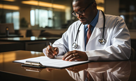 A male scientist in a white lab coat writing notes on a clipboard in a laboratory setting.の素材