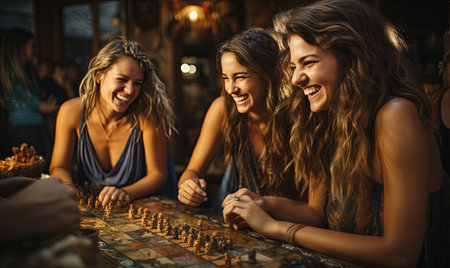 Women sitting around a chessboard, strategizing and making moves in a competitive game.の素材
