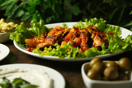 A white plate of roasted chicken and potatoes, garnished with lettuce, sits on a wooden table.の写真素材