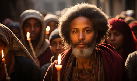 A man with long hair and a beard stands in front of a group of people, commanding attention.の素材