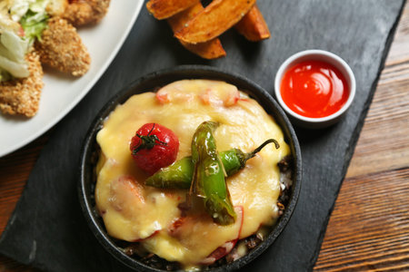 A close-up of a cheesy dish with green peppers and tomatoes, served on a slate plate with a side of...