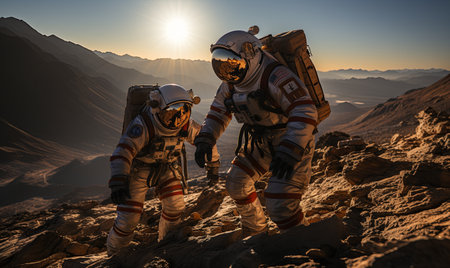 Two astronauts in space suits climb a rocky mountain together, navigating challenging terrain on their mission.の素材