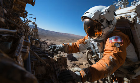 A man wearing an orange space suit stands next to a pile of discarded junk in a futuristic setting.の素材