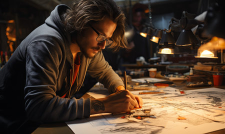 A man focused on creating art as he sits at a table working on a project.の素材