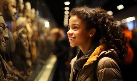A woman stands in front of a collection of statues, examining each closely.の素材