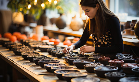 A woman stands in front of a table filled with plates of food.の素材