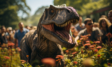 A dinosaur up close in a field of colorful flowers, showcasing a prehistoric creature in a vibrant natural setting.の素材