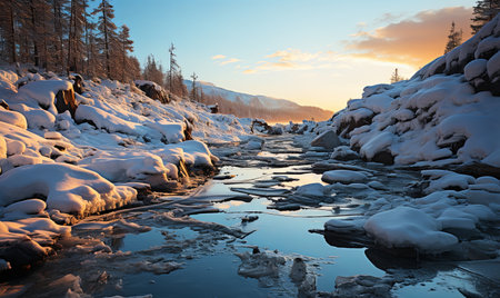 A stream cuts through a dense forest blanketed in snow, creating a stark contrast between the rushing water and the winter landscape.の素材