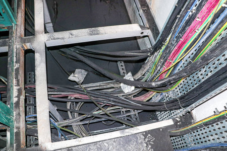 A close-up shot of a tangled mess of electrical wires inside a buildings ceiling.