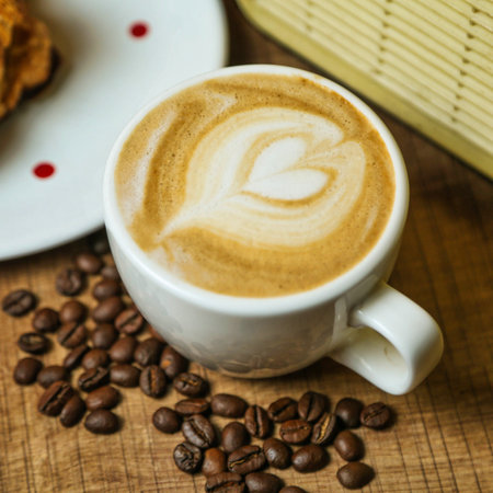 A white cup of coffee with heart-shaped latte art sits on a wooden table surrounded by coffee beans.の写真素材
