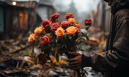 A man stands holding a bouquet of roses in his hands.の素材