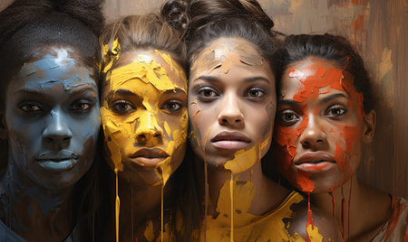Group of women covered in yellow paint against societal norms.の素材