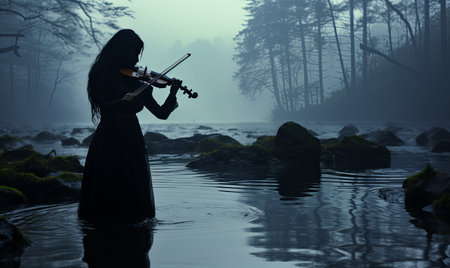 A woman stands in the water playing a violin.の素材