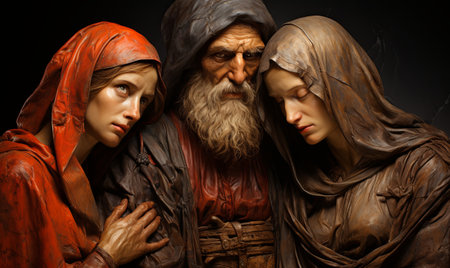 A statue depicting three women and a man standing together.の素材