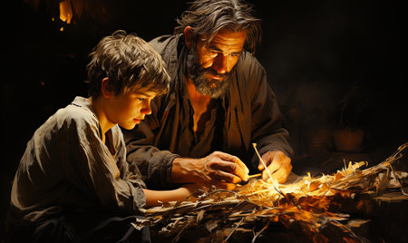 A man and a boy standing together, carefully observing a piece of art in a gallery.の素材