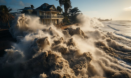 A powerful wave crashes over a beach house, causing destruction and flooding in its wake.の素材