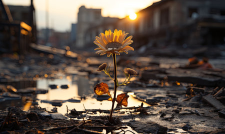 A flower is growing and blooming in a puddle of water, showing the beauty of natures resilience.の素材