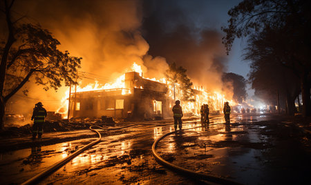 A diverse group of individuals standing together in front of a roaring fire outdoors.の素材