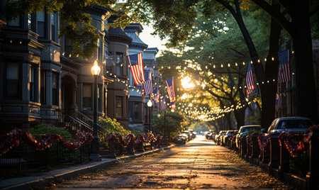Urban street scene displaying rows of parked cars and American flags on display.の素材
