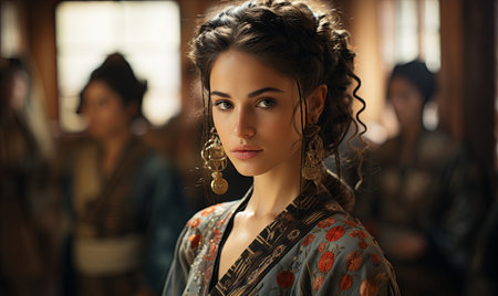 A woman wearing a dress and earrings standing in a room.の素材