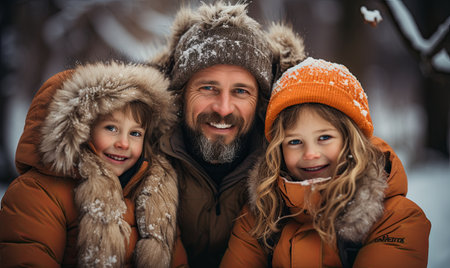 A man and two little girls dressed in winter coats outdoors.の素材