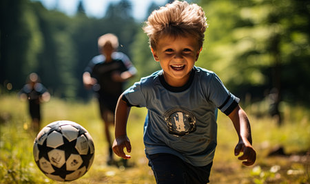 Two boys, one in a green shirt and one in a red shirt, playfully kick a soccer ball in a grassy field on a sunny day.の素材