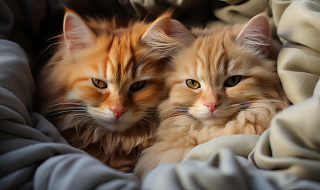 A pair of cats lounging contently on top of a soft blanket in a cozy setting.の素材