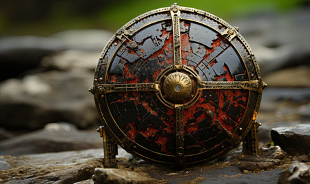 Detailed view of a metallic object resting on a rocky surface, emphasizing texture and contrast.の素材