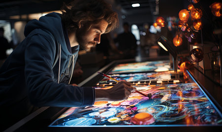 A man focused on painting a picture on a table in a bright room.の素材