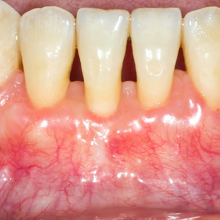 A close-up image showing human teeth with white spots, likely caused by enamel demineralization.の写真素材