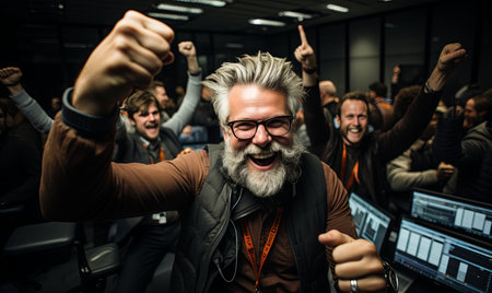 A man with a beard and glasses speaking in front of a large group of people.の素材