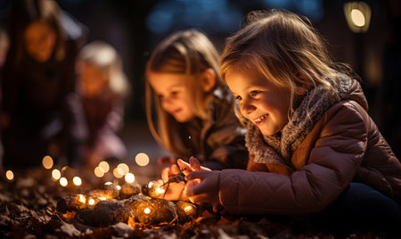 Two girls, seated on the ground, gaze at flickering candles in front of them.の素材