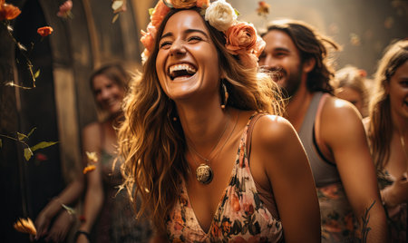 A woman with flowers in her hair is laughing joyfully.の素材