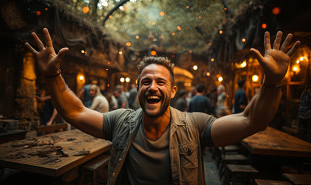 A man standing with his hands raised above his head in a gesture of surrender or celebration.の素材