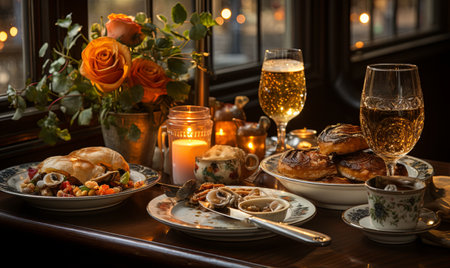 A table covered with plates of food and glasses of wine, ready for a meal to be enjoyed.の素材