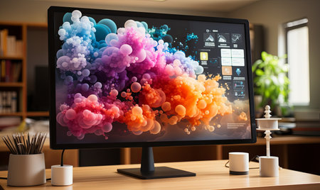 A computer monitor stands on a desk in a well-lit room with a chair nearby.の素材