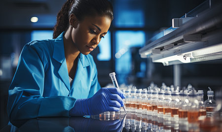 A woman dressed in a blue shirt and blue gloves.の素材