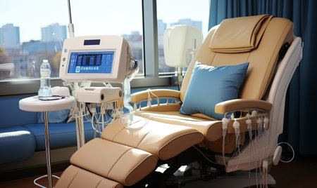 A hospital room featuring a chair and a monitor along with medical equipment and supplies.の素材
