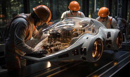 Group of individuals gathered around a car, actively engaged in repairing and maintaining the vehicle.の素材