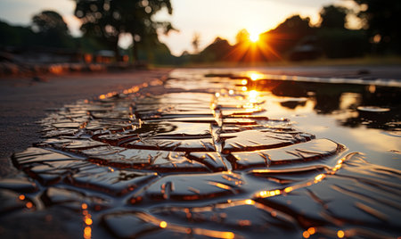 The sun dips low on the horizon, casting a warm glow over a puddle of water, creating a shimmering reflection.の素材