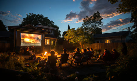 Group of individuals gathered around a lit fire pit in an outdoor setting.の素材