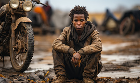 A man wearing jeans and a black leather jacket sits on the ground next to a parked motorcycle.の素材