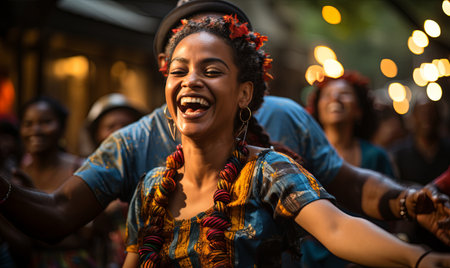 A joyful woman laughing and dancing with a group of people in a lively atmosphere.の素材