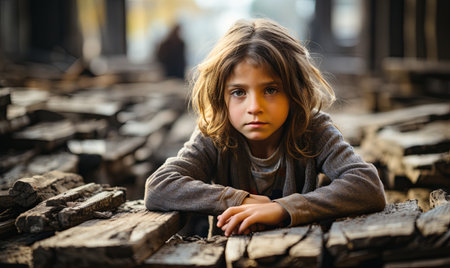 A young girl comfortably seated on top of a heap of firewood.の素材