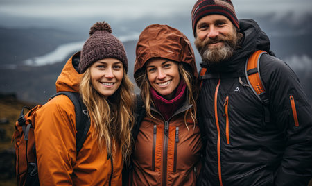 A man and two women standing next to each other in a casual pose.の素材