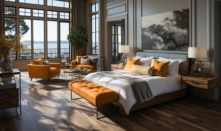 Room with oversized bed and numerous windows, allowing ample natural light to fill the space.の素材